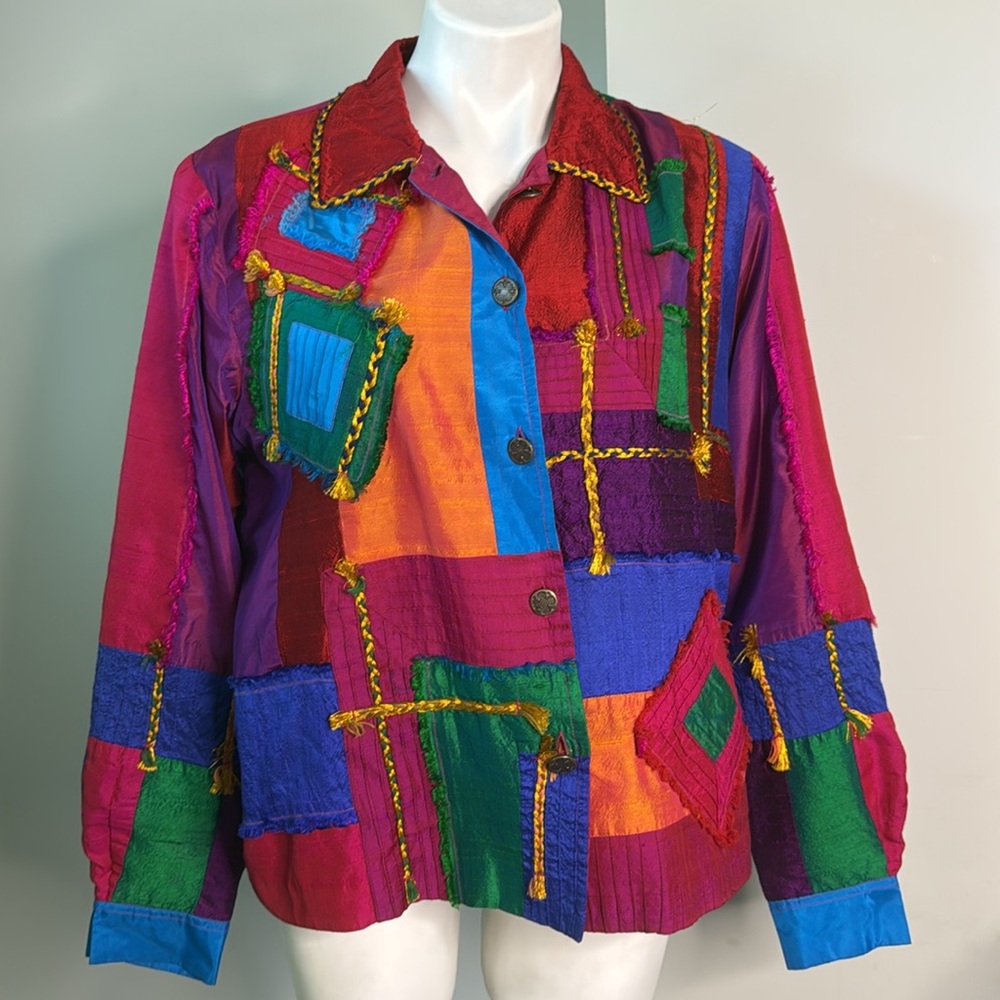 Vintage Euc Silk Patchwork Lightweight Jacket Lar… - image 1